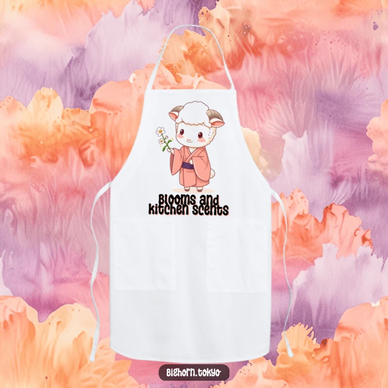Funny Sheep Kimono Blossom Apron: A charming apron with a funny sheep in a kimono offering a blossom, perfect for culinary grace.