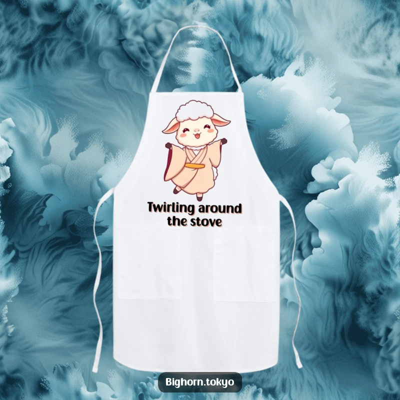 Funny Sheep Kimono Twirl Apron: A stylish apron with a funny sheep in a kimono gracefully twirling, perfect for kitchen artistry.