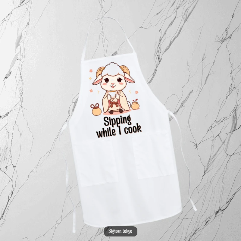 Funny Sheep Kimono Tea Apron: A stylish apron with a funny sheep in a kimono delicately sipping tea, perfect for culinary calm.