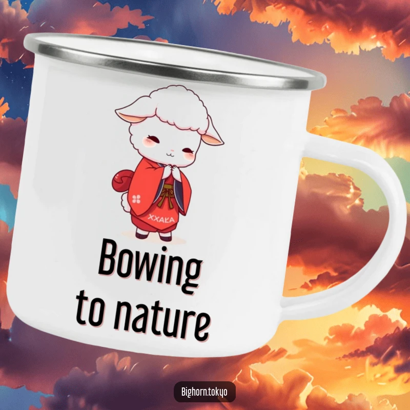 Funny white sheep in a red kimono, bowing gracefully, a durable and humorous camping mug for adventurers.