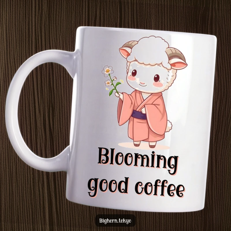 Funny Sheep Kimono Blossom Mug: A serene sheep in a flowing kimono gently offering a small blossom, embodying peaceful and humorous charm.