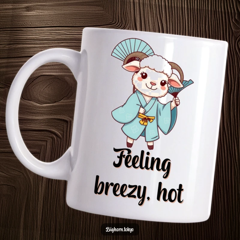 Funny sheep in a blue kimono, joyfully twirling a decorative fan, capturing a moment of pure delight.