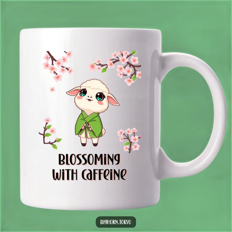 Funny Sheep Green Kimono Amazed Eyes Mug: Cherry Blossom Wonder Gift