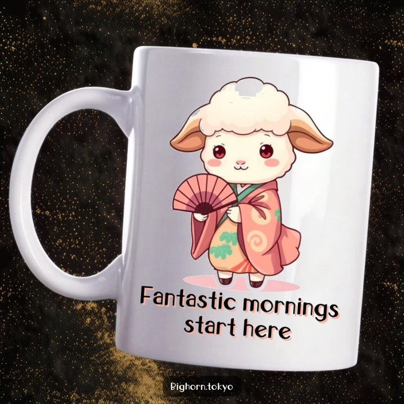 Funny Sheep in Kimono Holding Fan Mug: Elegant sheep in vibrant kimono gracefully holding a fan, radiating peaceful humor.