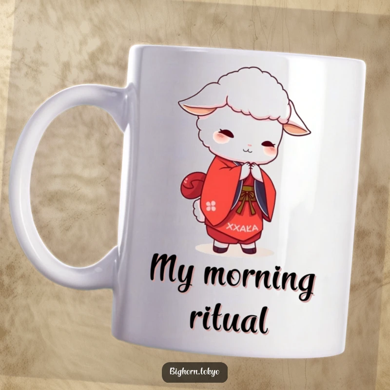 Funny white sheep in a red kimono, bowing politely with serene expression, perfect for a graceful and humorous gift.