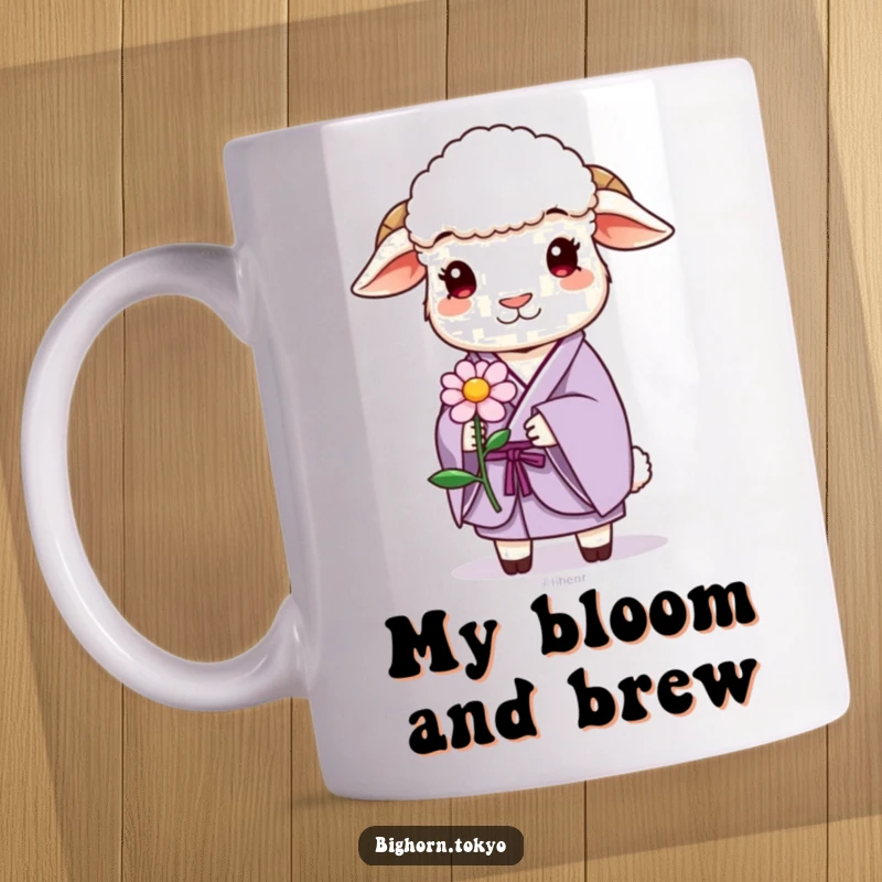 Funny sheep in a lavender kimono, gently offering a stylized flower with a serene and kind expression.