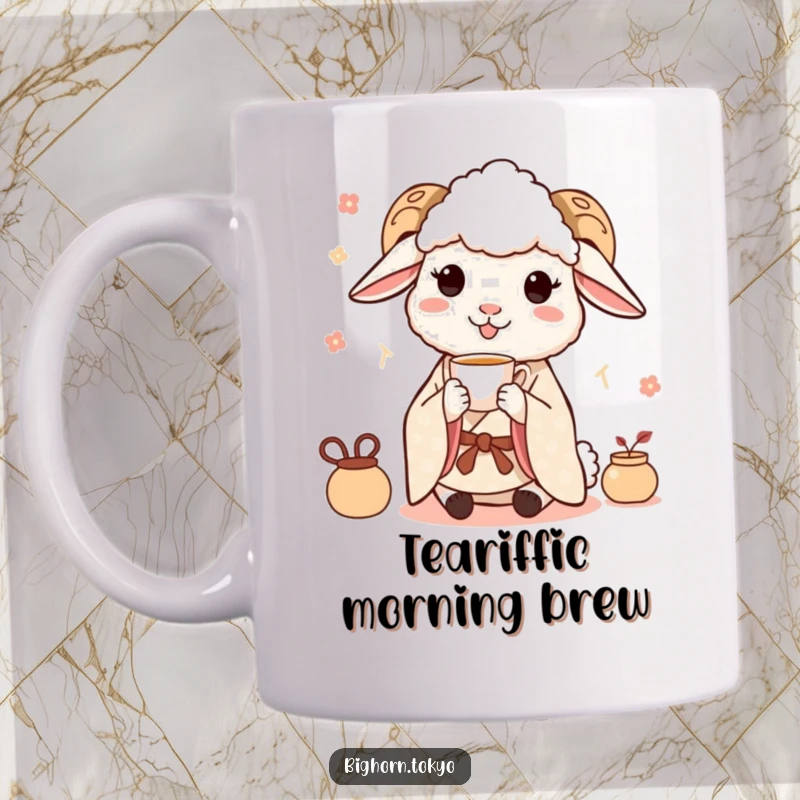 Funny Happy Sheep Kimono Tea Mug: A content sheep in a kimono delicately sipping tea, radiating peaceful joy and humor.