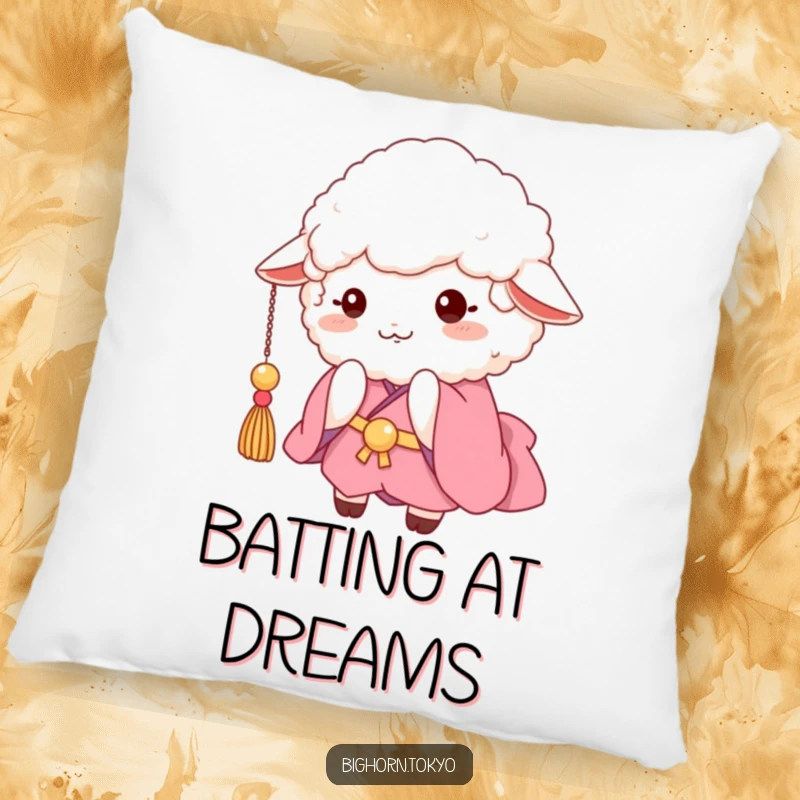 Funny fluffy sheep in a pink kimono, playfully batting at a dangling tassel, a soft and humorous decorative pillow.