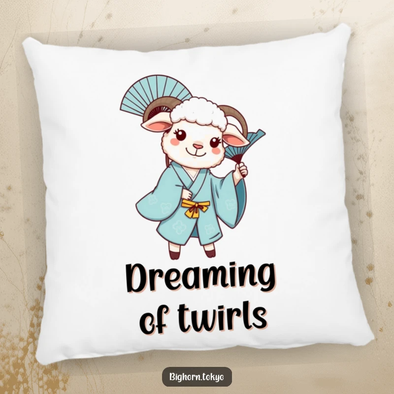 Funny sheep in a blue kimono, joyfully twirling a decorative fan, a soft and humorous pillow for comfort.