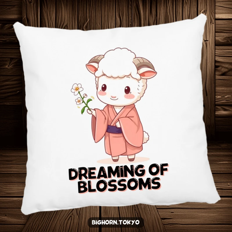Soft Funny Sheep Kimono Blossom Pillow: A comfortable pillow with a funny sheep in a kimono offering a blossom, perfect for peaceful repose.