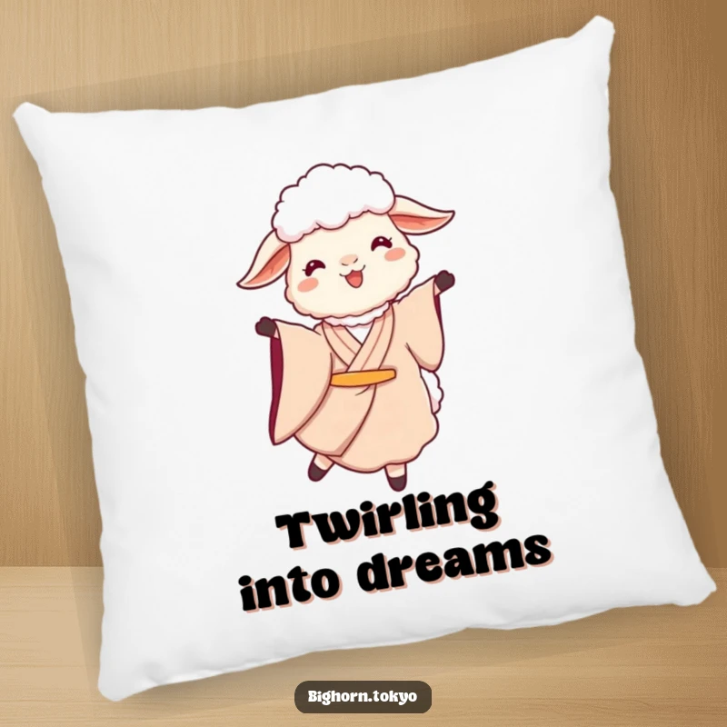 Soft Funny Sheep Kimono Twirl Pillow: A comfortable pillow with a funny sheep in a kimono twirling serenely, perfect for peaceful repose.