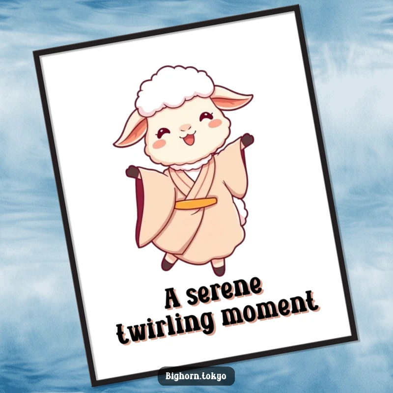 Funny Sheep Kimono Twirl Digital Art: High-resolution art of a funny sheep in a kimono twirling serenely, embodying graceful artistry.