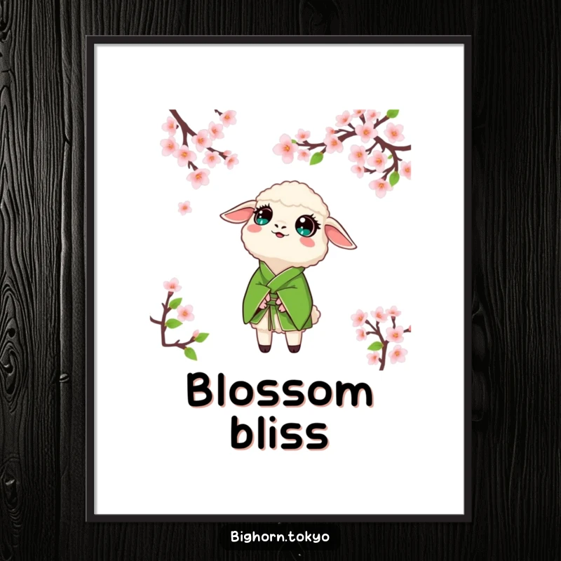 Funny sheep in a green kimono, looking up with wide, amazed eyes at cherry blossoms, high-resolution digital art print.