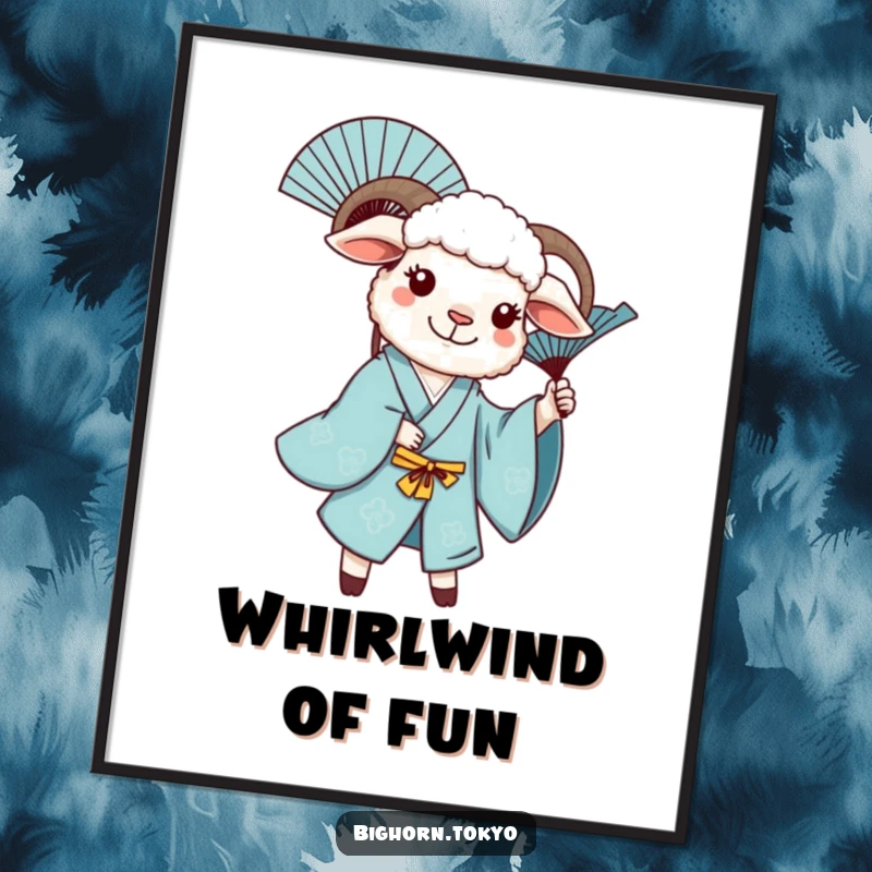Funny sheep in a blue kimono, joyfully twirling a decorative fan, high-resolution digital art print for vibrant decor.