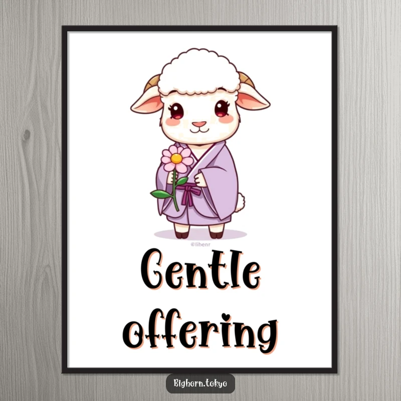 Funny sheep in a lavender kimono, gently offering a stylized flower, high-resolution digital art print for decor.