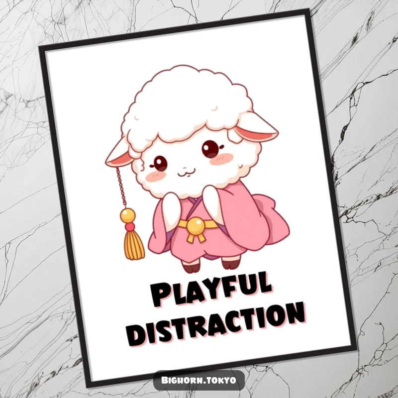 Funny fluffy sheep in a pink kimono, playfully batting at a dangling tassel, high-resolution digital art print for decor.