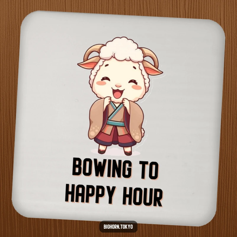 Funny Sheep Kimono Bow Coasters: Playful coasters featuring a funny sheep in a kimono bowing playfully, protecting surfaces with charm.