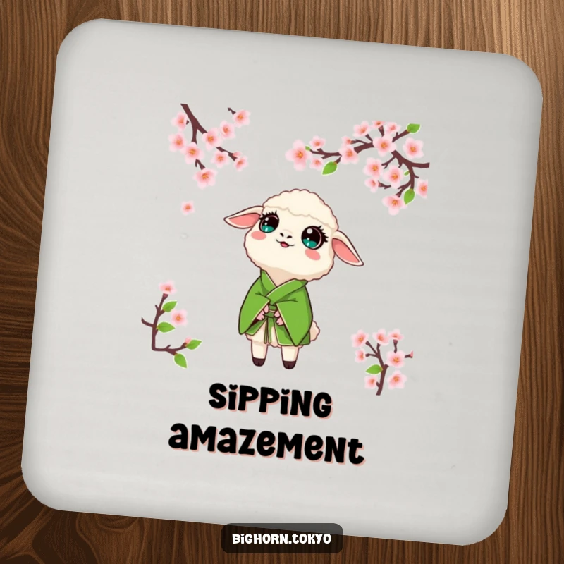 Funny sheep in a green kimono, looking up with wide, amazed eyes at cherry blossoms, a humorous and protective drink coaster.