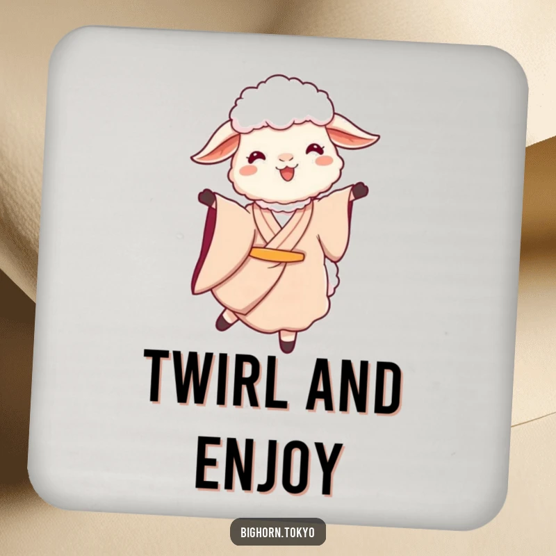 Funny Sheep Kimono Twirl Coasters: Elegant coasters featuring a funny sheep in a kimono twirling serenely, protecting surfaces with grace.