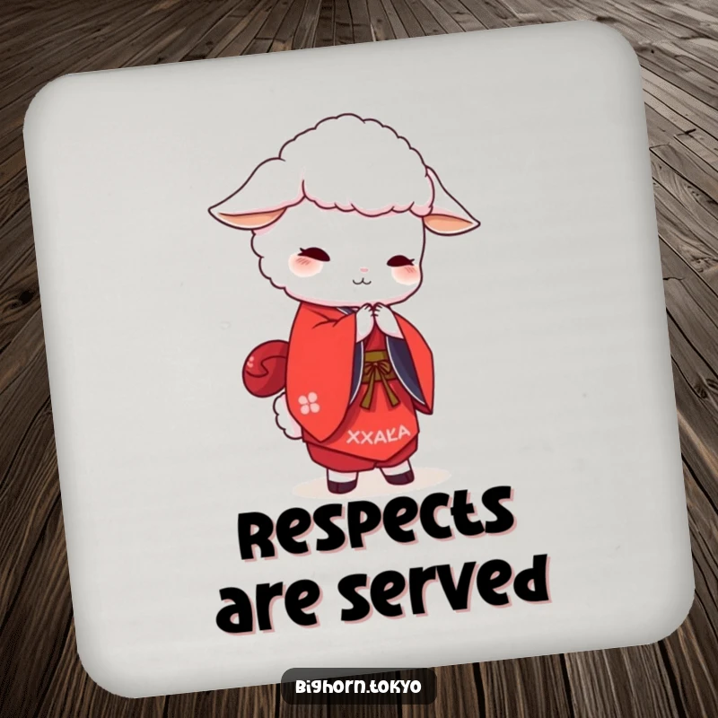 Funny white sheep in a red kimono, bowing elegantly, a humorous and protective drink coaster.