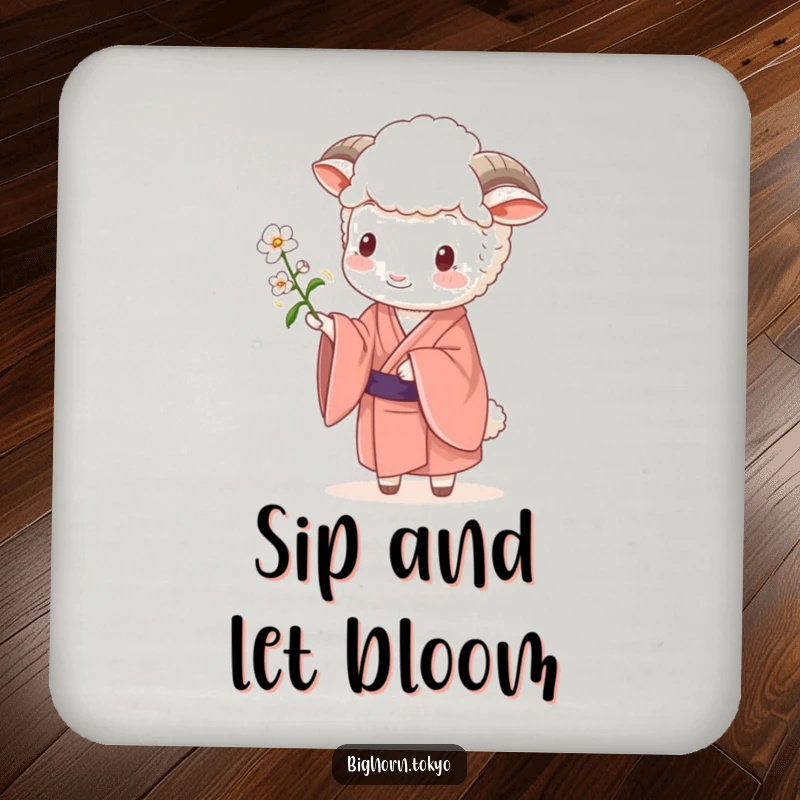 Funny Sheep Kimono Blossom Coasters: Elegant coasters featuring a funny sheep in a kimono offering a blossom, protecting surfaces with grace.