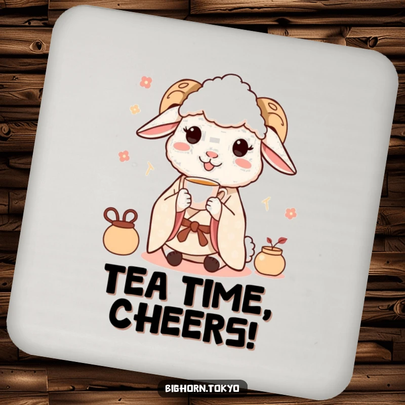 Funny Sheep Kimono Tea Coasters: Elegant coasters featuring a funny sheep in a kimono sipping tea, protecting surfaces with calm.