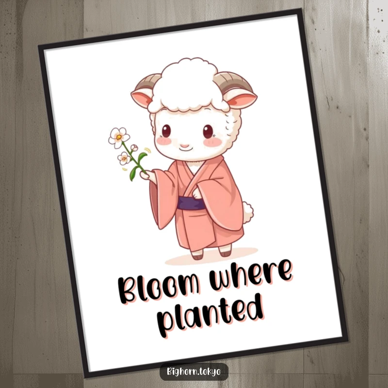 Funny Sheep Kimono Blossom Poster: Wall art of a funny sheep in a kimono offering a blossom, embodying serene beauty and gentle humor.