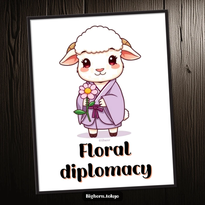 Funny sheep in a lavender kimono, gently offering a stylized flower, serene and humorous wall art.