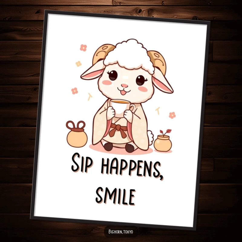 Funny Sheep Kimono Tea Poster: Wall art of a funny sheep in a kimono sipping tea delicately, embodying peaceful joy and humor.