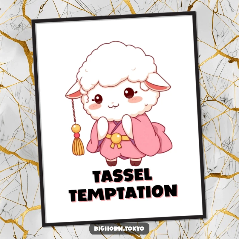 Funny fluffy sheep in a pink kimono, playfully batting at a dangling tassel, whimsical and humorous wall art.