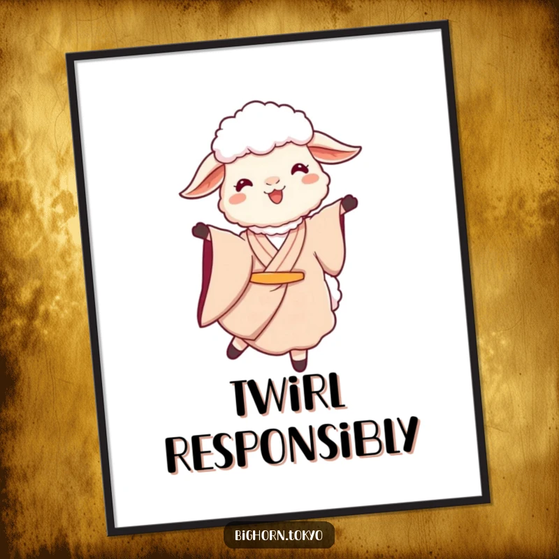 Funny Sheep Kimono Twirl Poster: Wall art of a funny sheep in a kimono twirling serenely, embodying grace and artistic humor.