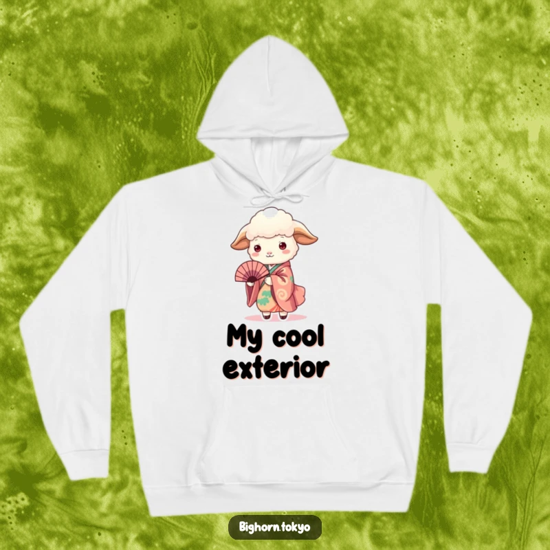 Funny Sheep in Kimono Holding Fan Hoodie: Comfortable hoodie featuring a funny sheep in a kimono holding a fan, conveying serene amusement.