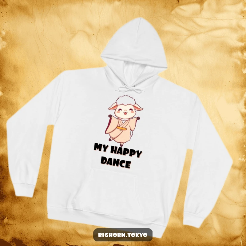 Cozy Funny Sheep Kimono Twirl Hoodie: A comfortable hoodie featuring a funny sheep in a kimono twirling serenely, perfect for elegant relaxation.
