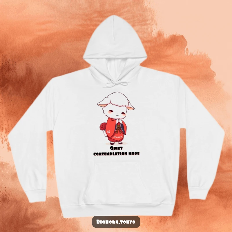 Funny white sheep in a striking red kimono, bowing with gentle grace, a cozy and humorous addition to any wardrobe.
