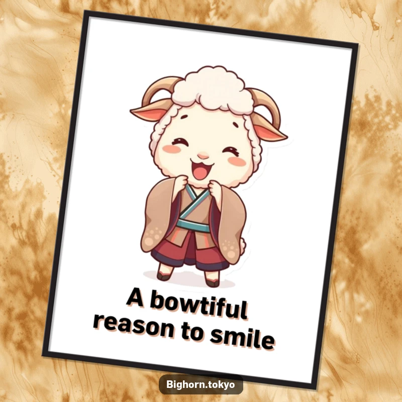 Funny free printable wall art: A joyful sheep in a traditional kimono bows playfully, bringing cheer to any room.