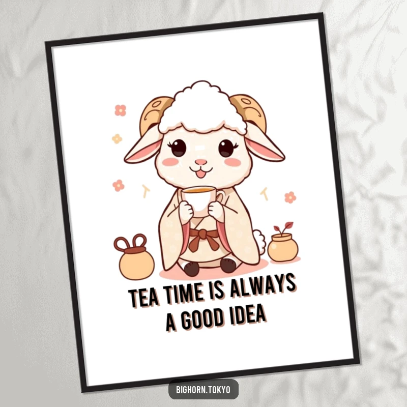Funny free printable wall art: A happy sheep in a kimono delicately sips tea, creating a serene scene.