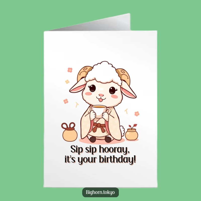 Free Printable Birthday Card: Happy Kimono Sheep Tea Time for a Funny Downloadable Gift