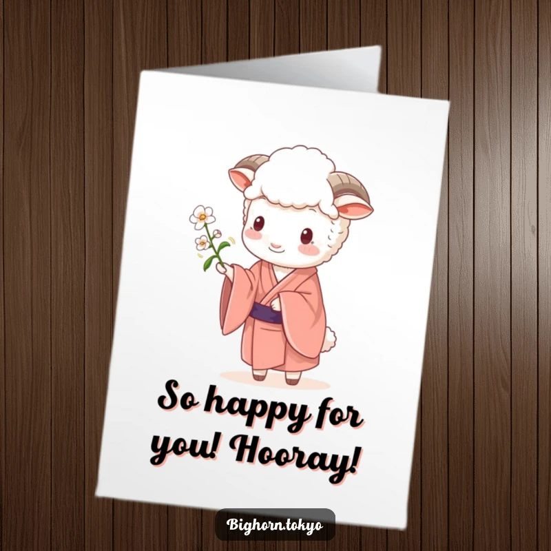 Funny free printable congratulations card: A sheep dressed in a flowing kimono presents a small blossom sincerely.