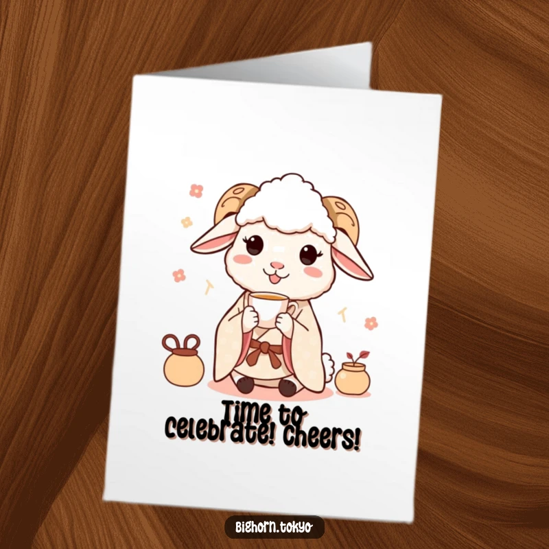 Funny free printable congratulations card: A happy sheep in a kimono enjoys tea delicately, celebrating their achievement.