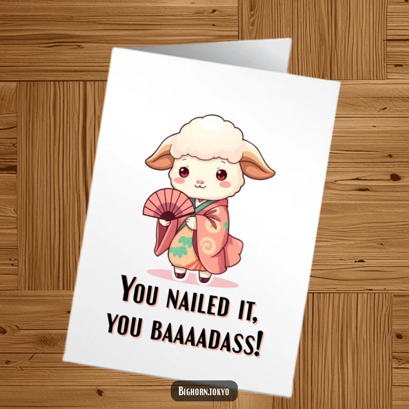 Funny free printable congratulations card: Whimsical sheep dressed in a kimono, holding a fan with elegant flair.