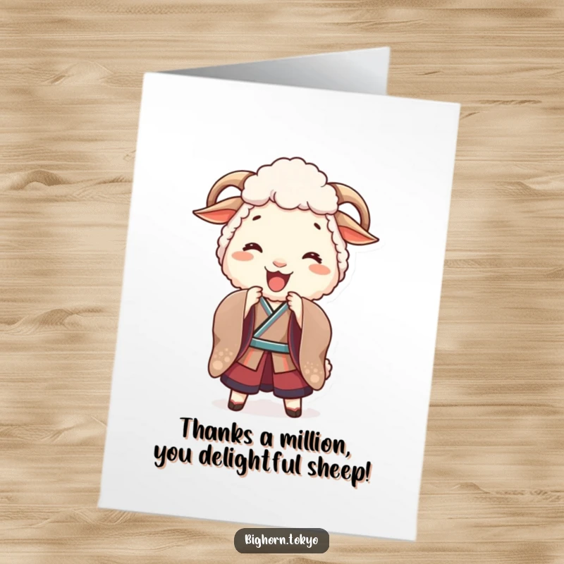 Funny free printable thank you card: A sheep in a traditional kimono bows playfully, expressing sincere thanks.