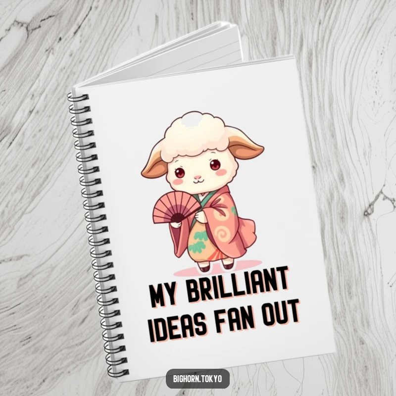 Funny Sheep in Kimono Holding Fan Notebook: A notebook featuring a funny sheep in a kimono holding a fan, ideal for capturing ideas with humor.