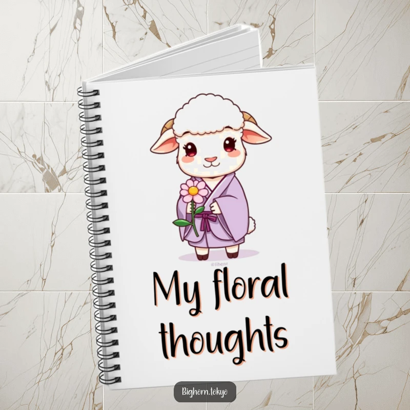 Funny sheep in a lavender kimono, gently offering a stylized flower, ideal for a humorous notebook.
