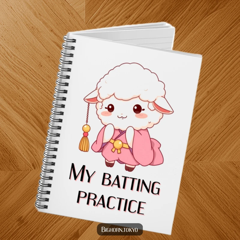 Funny fluffy sheep in a pink kimono, playfully batting at a dangling tassel, ideal for a humorous notebook.