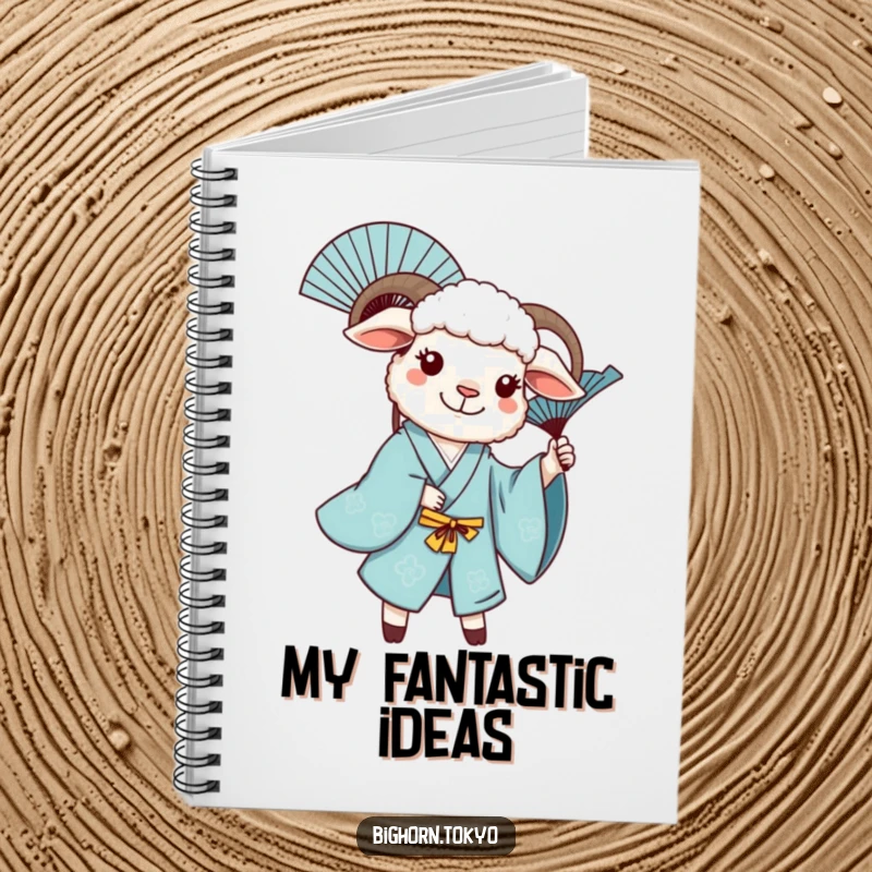 Funny sheep in a blue kimono, joyfully twirling a decorative fan, ideal for a humorous notebook.
