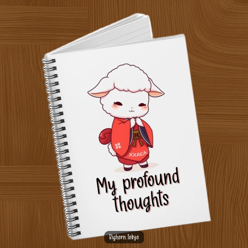Funny white sheep in a red kimono, bowing politely, ideal for a humorous notebook for note-taking.
