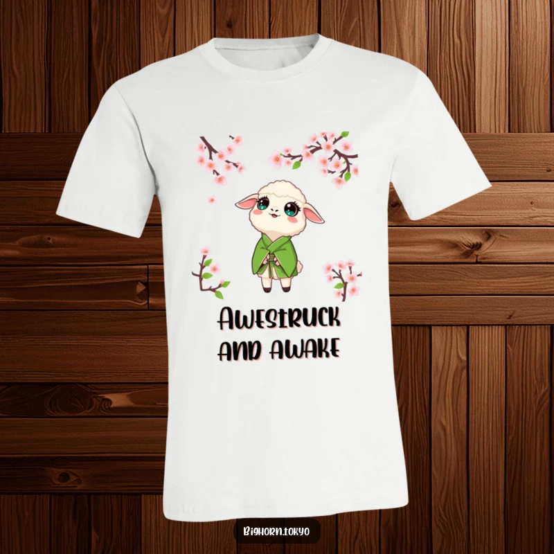 Funny sheep in a green kimono, looking up with wide, amazed eyes at blooming cherry blossoms, expressing pure delight.