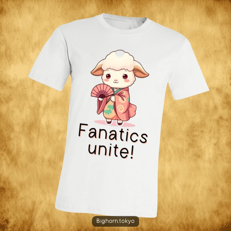 Funny Sheep in Kimono Holding Fan T-Shirt: A delightful sheep in a colorful kimono elegantly holding a fan, perfect for a good laugh.