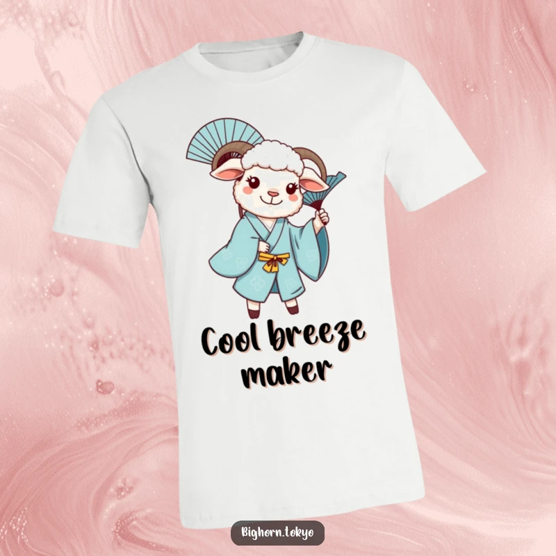 Funny sheep character in a blue kimono, joyfully twirling a decorative fan, showcasing energetic and playful humor.