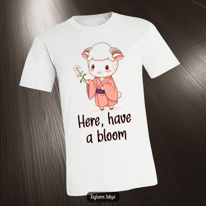 Funny Sheep Kimono Blossom T-Shirt: A graceful sheep in a kimono offers a small blossom, symbolizing nature's beauty and gentle humor.